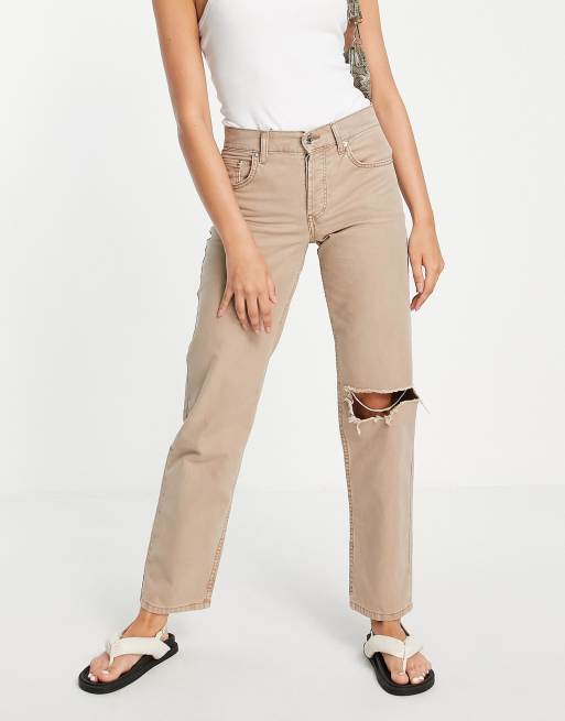 ASOS DESIGN – Hose im Stil der 90er mit niedrigem Bund und Knierissen in der Farbe Stein