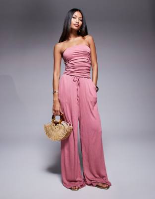 ASOS DESIGN - Hose in Altrosa mit Knitterstruktur, weitem Bein und Kordelzugbund, Kombiteil