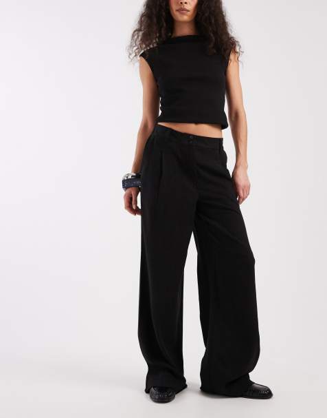 ASOS DESIGN – Hose in Leinenoptik in Schwarz mit weitem Bein und Bundfalten - view 1