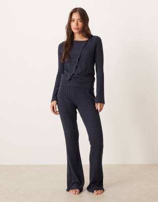 ASOS DESIGN - Hose in Marineblau mit blauer Rippstruktur, weitem Bein und Umschlagbund