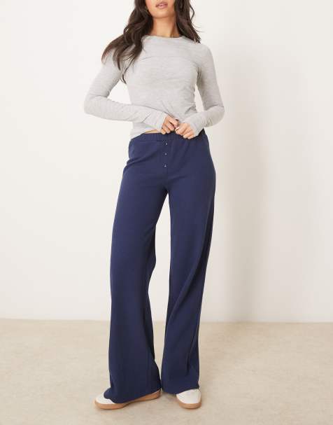 ASOS DESIGN – Hose in Marineblau mit weitem Bein, Waffelstruktur und Boxershorts-Detail - view 1