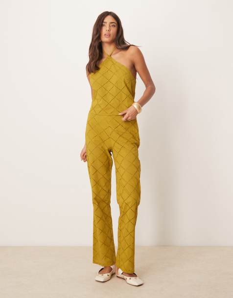 ASOS DESIGN – Hose in Oliv mit geradem Bein und geometrischem, durchbrochenem Muster, Kombiteil - view 1