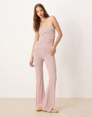 ASOS DESIGN - Hose in Rosa und Schokobraun gestreift mit weitem Bein und Bindedetail, Kombiteil-Bunt