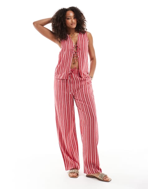 ASOS DESIGN – Hose in Rot gestreift mit Leinenoptik, Kombiteil - view 1
