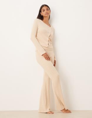 ASOS DESIGN - Hose in Steinbeige mit blauer Rippstruktur, weitem Bein und Umschlagbund-Neutral