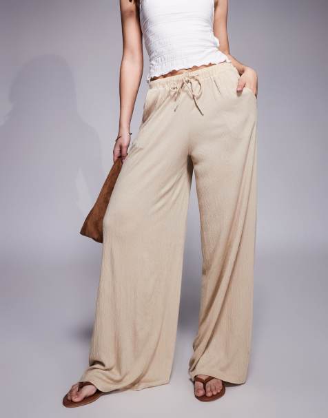 ASOS DESIGN – Hose in Steinbeige mit Knitterstruktur, weitem Bein und Kordelzugbund, Kombiteil - view 1