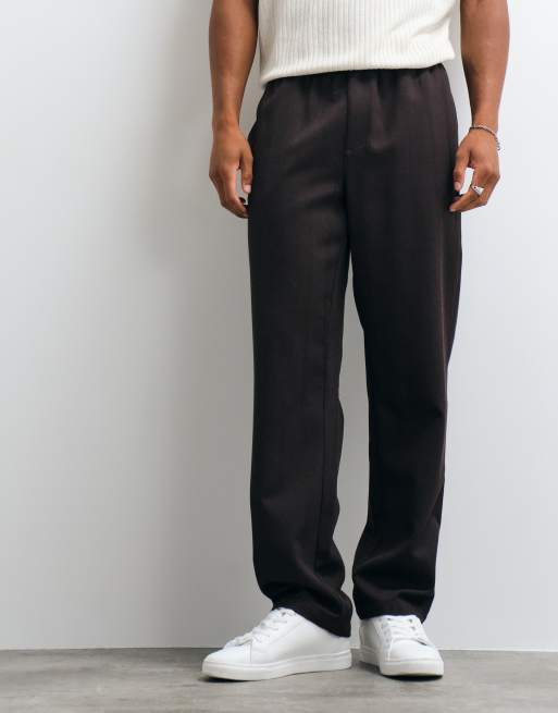 ASOS DESIGN Hose mit geradem Schnitt und Fischgrätmuster in Braun mit elastischem Bund, 4 von 6