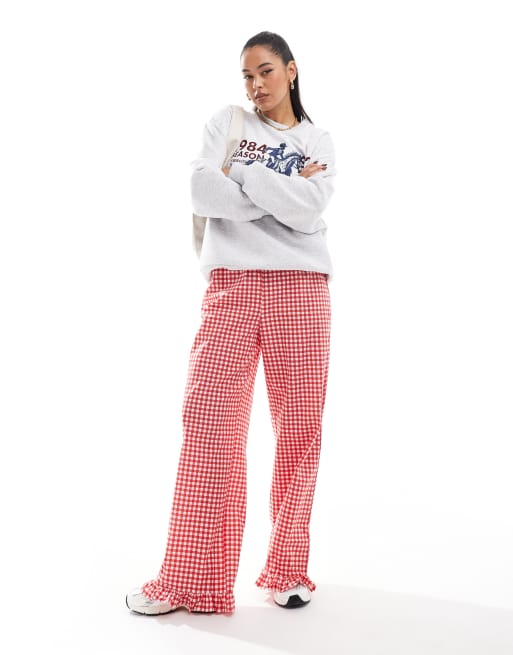 ASOS DESIGN – Hose mit rotem Vichykaromuster und Rüschenrand