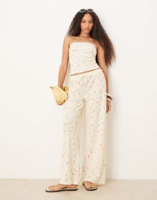 ASOS DESIGN - Hose mit weitem Bein, Waffelstruktur und kleinem Zitronenmuster, Kombiteil-Gelb