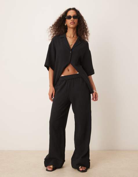 ASOS DESIGN – Hose zum Reinschlüpfen aus grob gewebter Baumwolle in Schwarz, Kombiteil - view 1