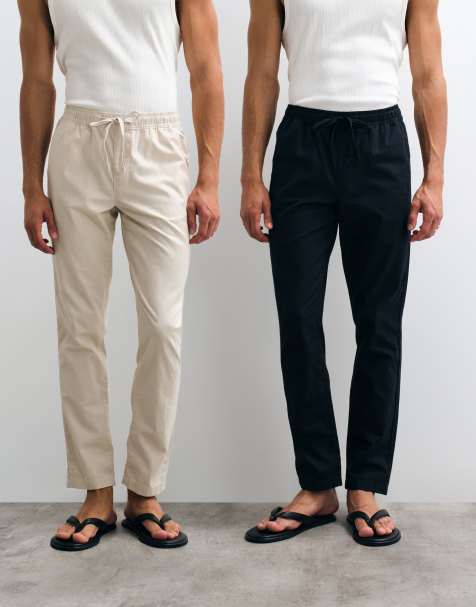 ASOS DESIGN – Hosen aus Leinenmix in Schwarz und Steinbeige, 2er-Pack - view 1