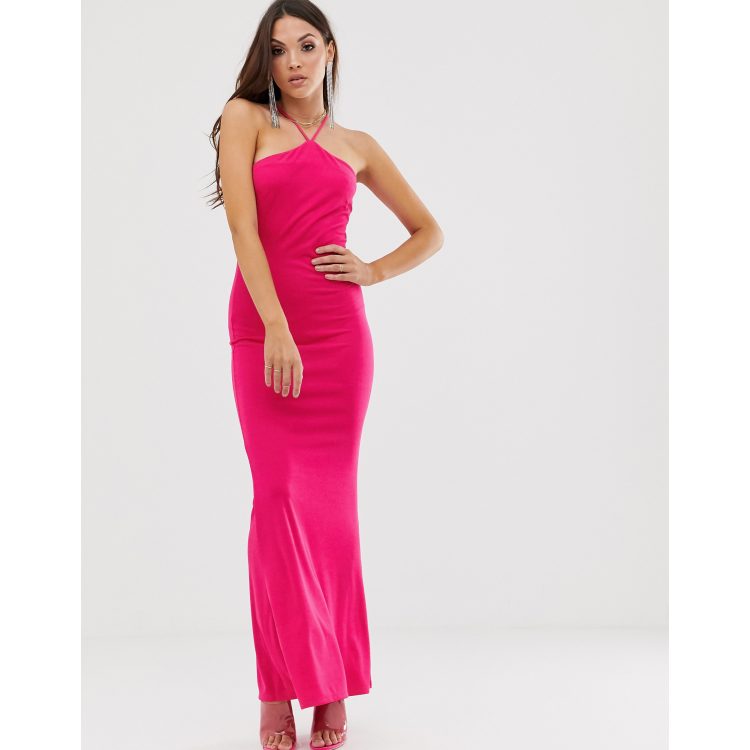 Hot Pink Endless Vacay Hot Pink Print Halter Maxi Dress