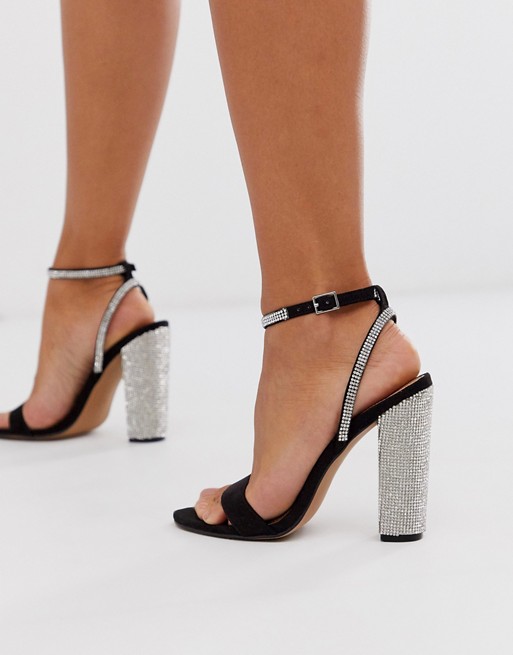 ASOS DESIGN Hot Step embellished block heeled sandals in black