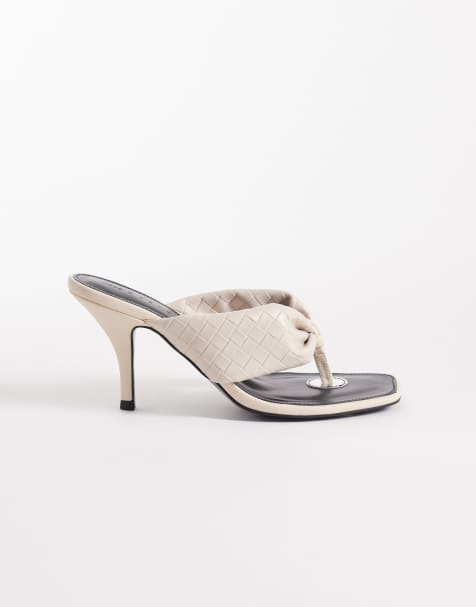 ASOS DESIGN Hot-stuff plaited toe thong heeled sandals in off white - view 1