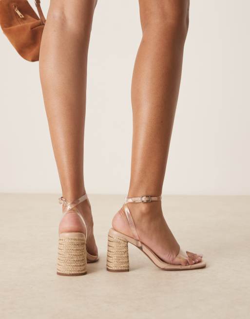 ASOS DESIGN Hotel barely there block heeled sandals in clear and raffia