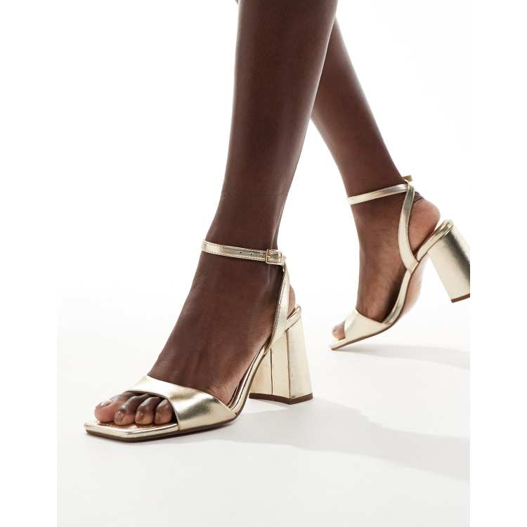 ASOS DESIGN Hotel barely there block heeled sandals in gold | ASOS