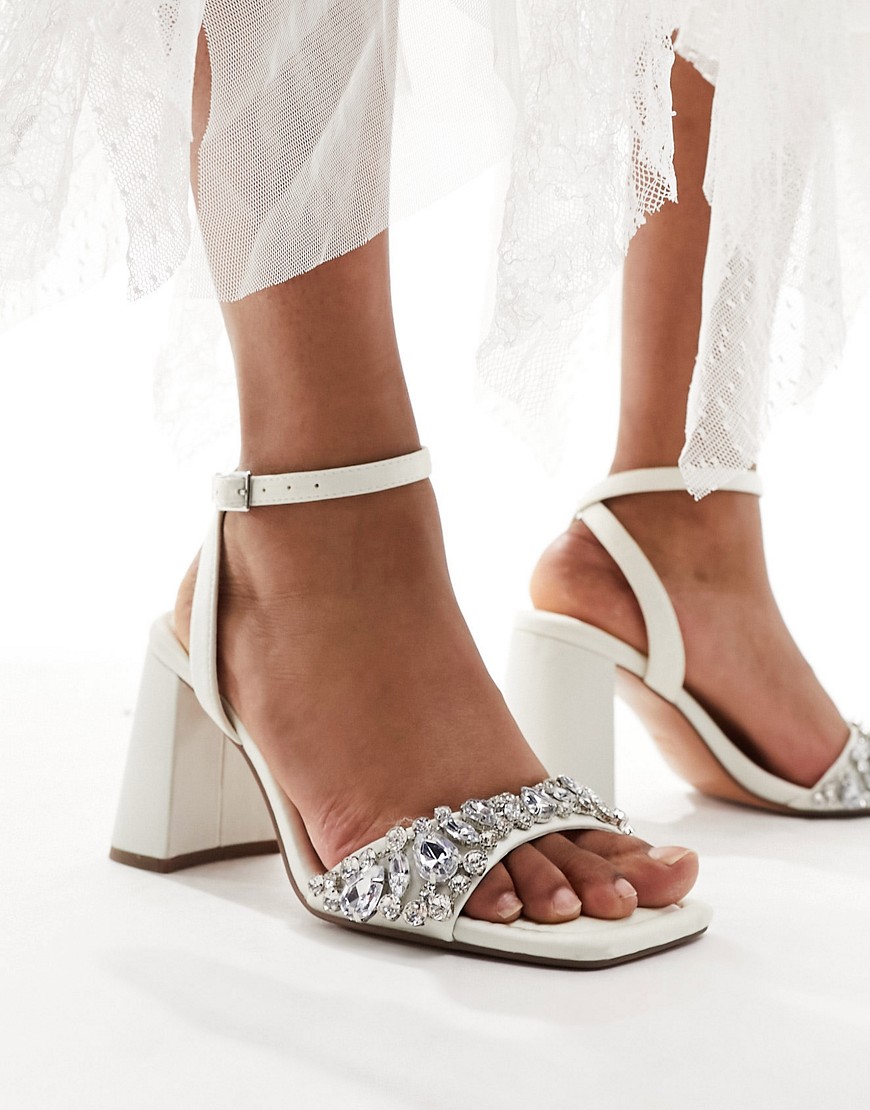 ASOS DESIGN Hotel embellished barely there block heeled sandals in ivory-White