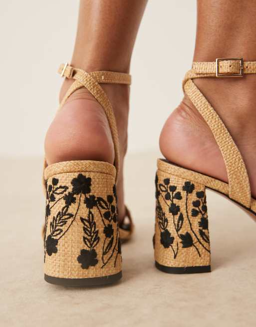 ASOS DESIGN Hotel embroidered barely there block heeled sandals in stone