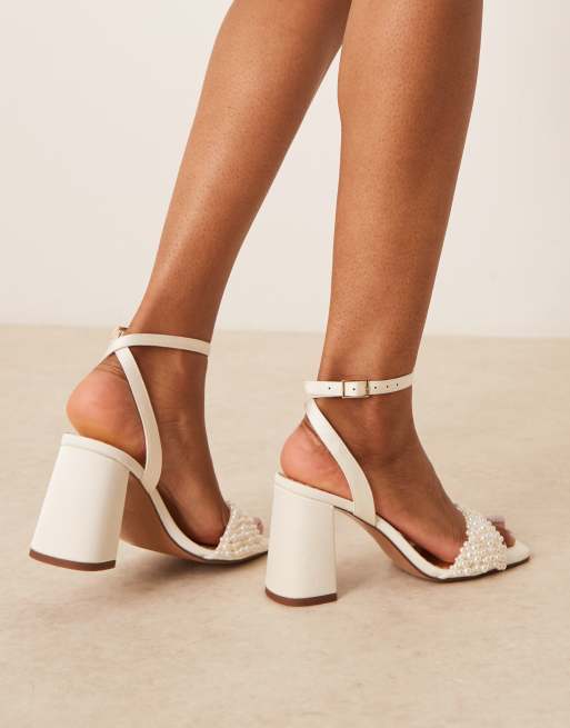 ASOS DESIGN Hotel pearl detail barely there block heel sandals in ivory