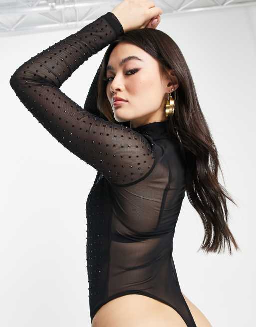 ASOS DESIGN bodysuit with snap front and thumb hole in black