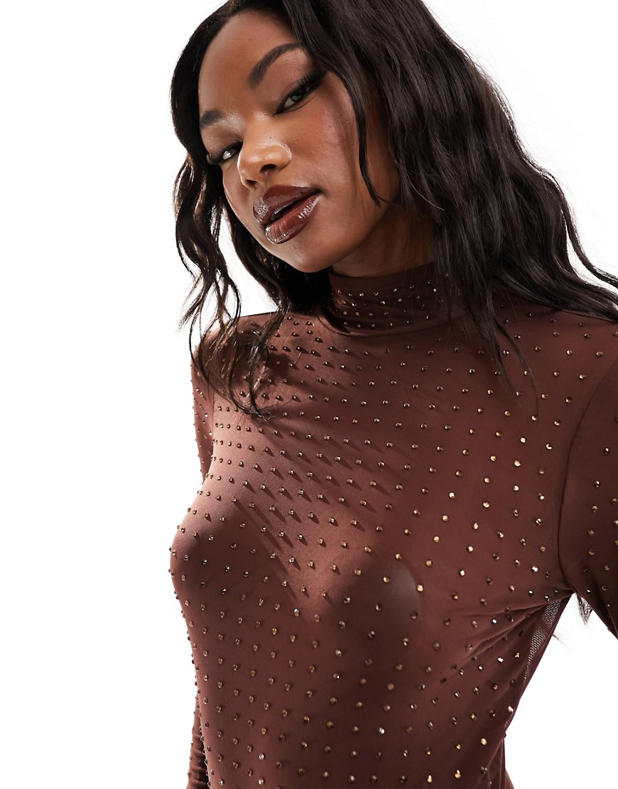 Asos Design Hotfix Crystal Stud Mesh Bodysuit In Chocolate-brown