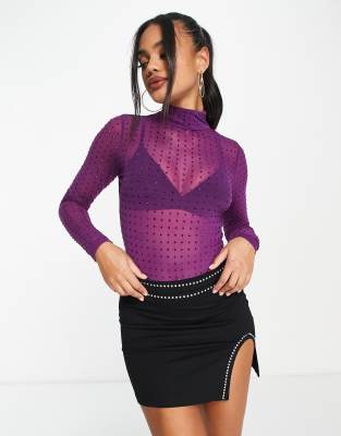 ASOS DESIGN hotfix crystal stud mesh bodysuit in purple