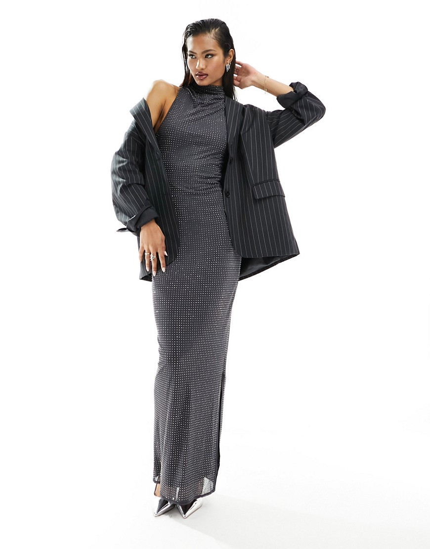ASOS DESIGN hotfix embellished halter maxi dress in charcoal-Grey