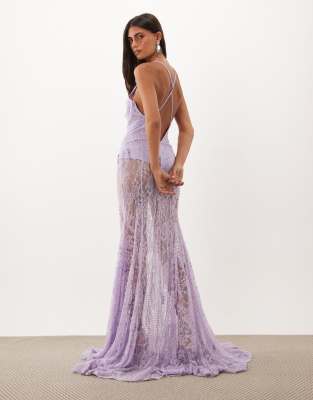 Asos Design Hotfix Embellished Lace Plunge Neck Maxi Dress With Open Back And Sheer Skirt In Purple