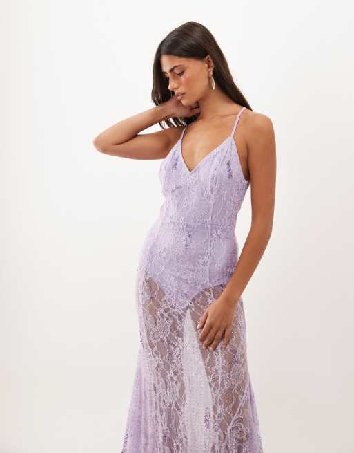 sheer backless dress ASOS DESIGN hotfix embellished lace plunge neck maxi with open back and skirt in lilac Black Missacc Ivory Bride Cowl tulle applique lace wedding dresses The fine knit construction Size:UK 10
