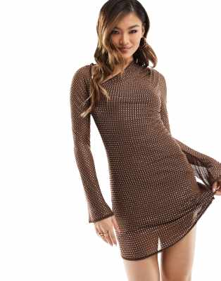 Asos Design Hotfix Embellished Mini Dress With Slash Neck Detail In Chocolate-brown