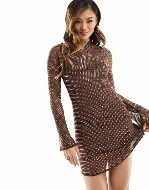 ASOS DESIGN hotfix embellished mini dress with slash neck detail in chocolate - view 1