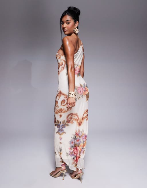 ASOS DESIGN hotfix embellished one shoulder midi dress in vintage tapestry print, 2 of 4