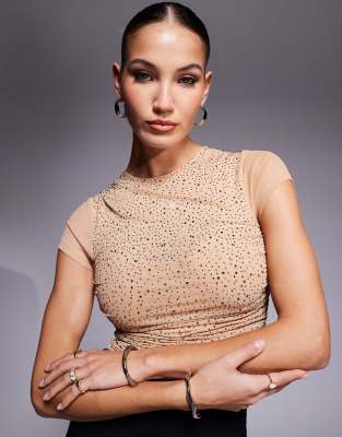 Asos Design Hotfix Mesh Drape Top With Cap Sleeve In Stone-neutral