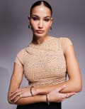 [ASOS DESIGN] ASOS DESIGN hotfix mesh drape top with cap sleeve in stone-Neutral 6 Nude