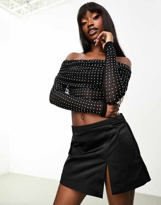 ASOS DESIGN ruched leather look crop top in black