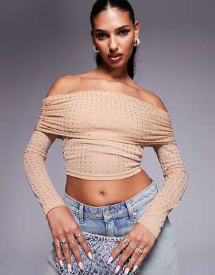 hotfix off-shoulder long sleeve top in stone-Neutral