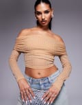 [ASOS DESIGN] ASOS DESIGN hotfix off shoulder long sleeve top in stone-Neutral 10 Nude