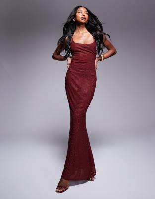 Asos Design Hotfix Sequin Square Neck Maxi Cami Dress With Back Lace Up Detail In Wine-red