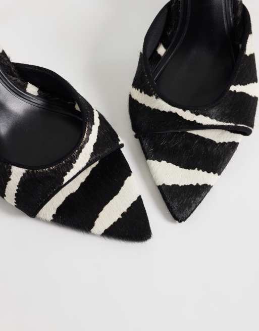 ASOS DESIGN Hotline hair on real leather pointed toe heeled mules in zebra, 3 of 4
