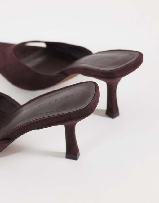 ASOS DESIGN Hotline pointed toe heeled mules in chocolate suedette, 4 of 4