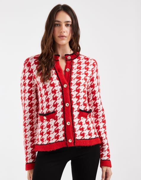 ASOS DESIGN houndstooth cardigan with gold-tone buttons in red - view 1