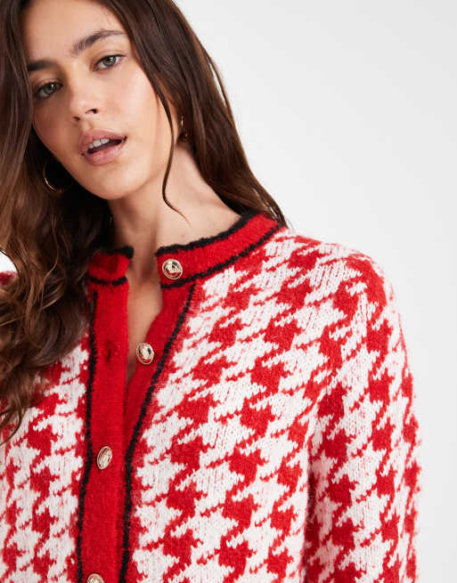 ASOS DESIGN houndstooth cardigan with gold-tone buttons in red, 3 of 4