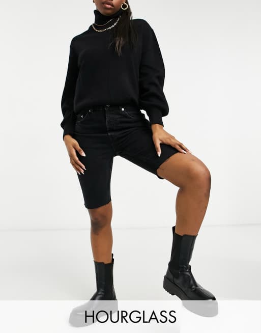ASOS DESIGN Hourglass - 90'er-inspirerede longline-shorts med knapper i vasket sort denim- og bomuldsblanding