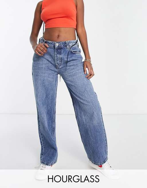 ASOS DESIGN Hourglass – Bawełniane jeansy o fasonie boyfriend z obniżonym stanem w niebieskim przybrudzonym kolorze – NAVY