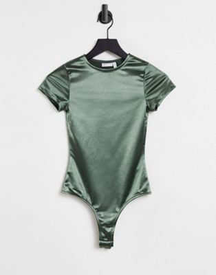 Bodys DESIGN Hourglass - Body stretch façon t-shirt en satin - Kaki foncé