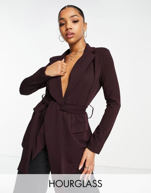 ASOS DESIGN Hourglass – Ciemnobordowa marynarka garniturowa z dżerseju z wiązaniem w talii