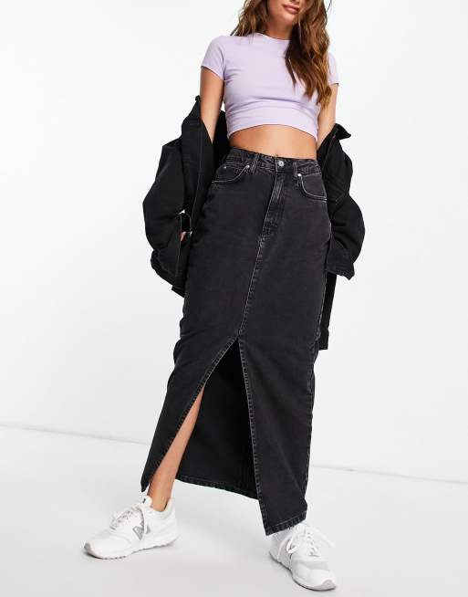 ASOS DESIGN Hourglass cotton blend denim 90 s maxi skirt in washed black BLACK