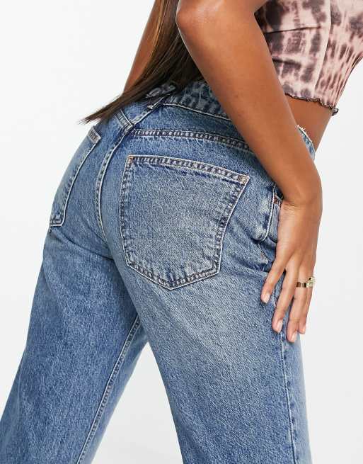ASOS DESIGN Hourglass cotton blend low rise straight leg jean in mid wash blue - MBLUE, 3 of 4
