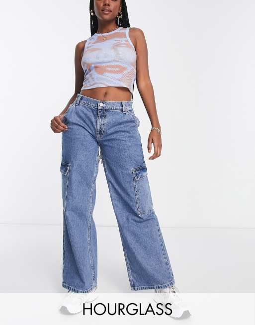 ASOS DESIGN Hourglass cotton low rise 'cargo' jeans in mid wash