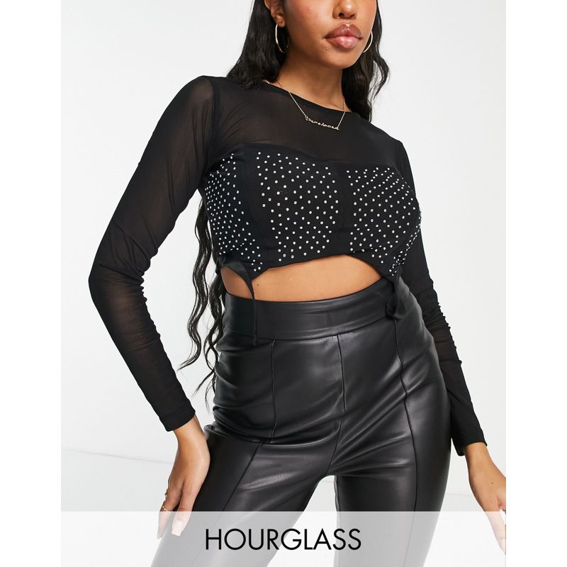 DESIGN Hourglass - Crop top in rete nero con corsetto in cristalli